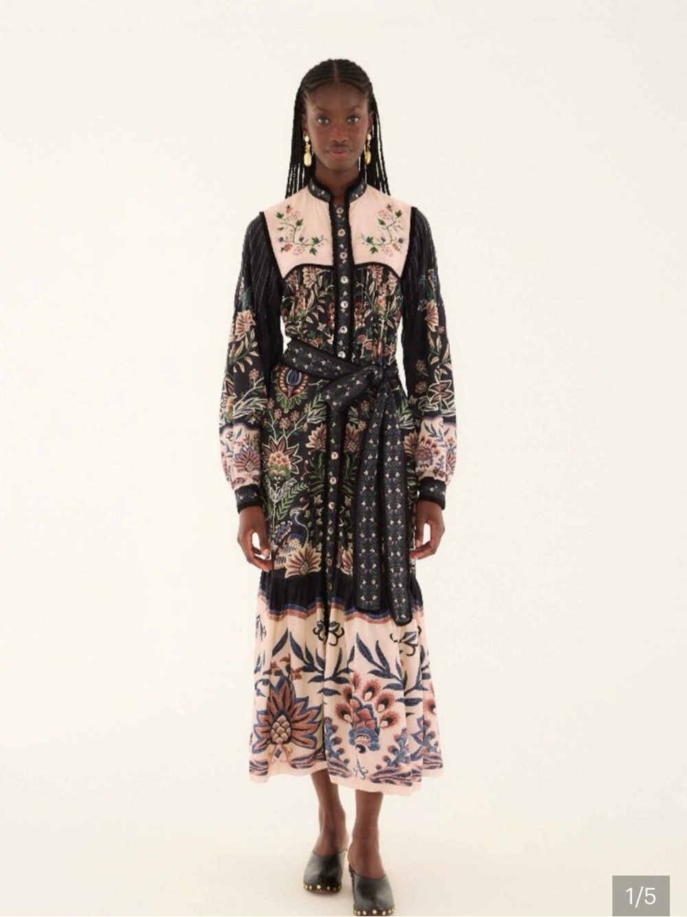 FARM Rio Black and Blush Floral Embroidered Button-Front Midi Dress